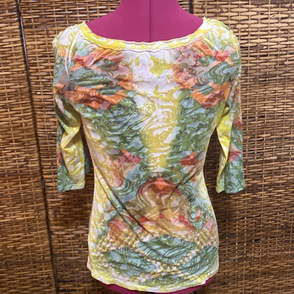 EUC anthropology Butterfly dropout orange, yellow, blue blouse, top S - Picture 4 of 7